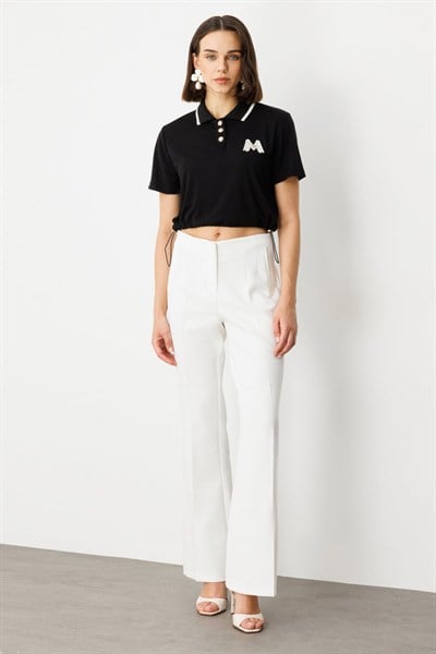 On Polo Yaka Kısa Kol Crop Bluz SIYAH