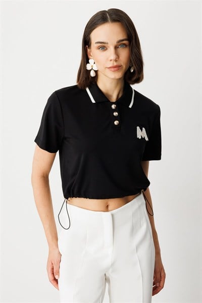 On Polo Yaka Kısa Kol Crop Bluz SIYAH