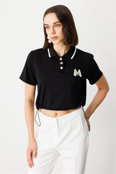 On Polo Yaka Kısa Kol Crop Bluz SIYAH