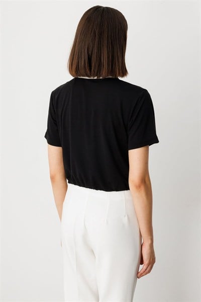 On Polo Yaka Kısa Kol Crop Bluz SIYAH