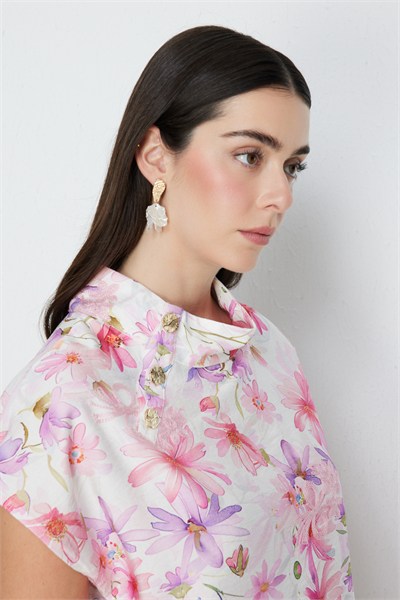 On Puantiyeli Yakası Düğme Detaylı Bluz PEMBE