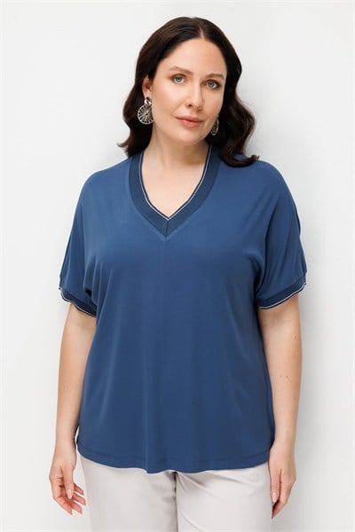 On Ribanalı V Yaka Bluz INDIGO