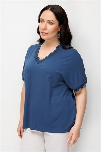 On Ribanalı V Yaka Bluz INDIGO