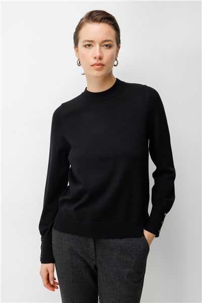 On Sıfır Yaka Basic Triko Kazak Siyah