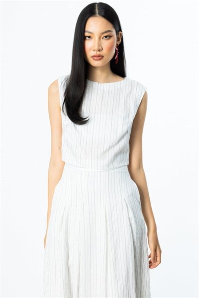 On Sıfır Yaka Çizgili Crop Bluz BEYAZ