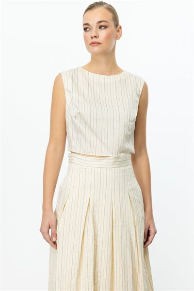On Sıfır Yaka Çizgili Crop Bluz VANILYA