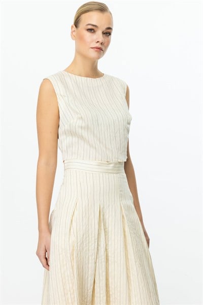 On Sıfır Yaka Çizgili Crop Bluz VANILYA