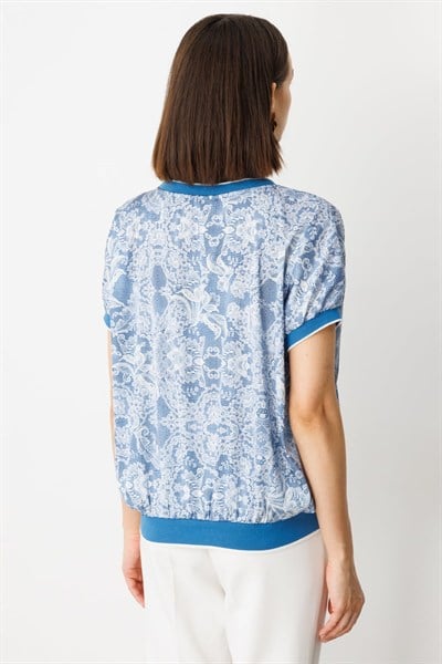 On Sıfır Yaka Desenli Bluz INDIGO