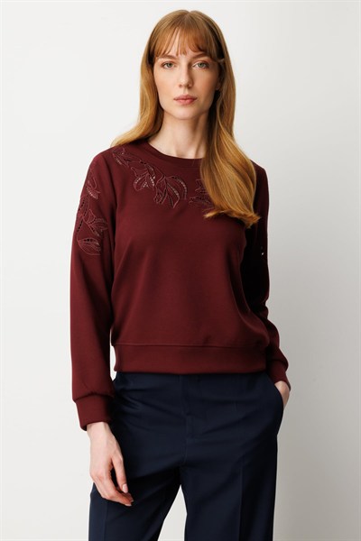On Sıfır Yaka İşlemeli Sweat Bordo