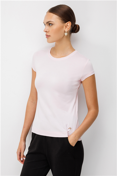 On Sıfır Yaka Kısa Kollu Basic Bluz Pembe