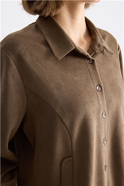 On Süs Cep Detaylı Süet Gömlek Haki
