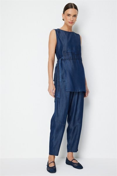 On Süs Düğmeli Dar Paça Pantolon INDIGO