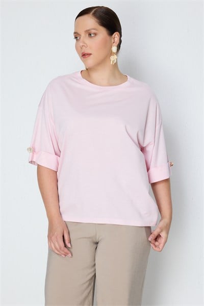 On Süs Düğmeli Yarım Kollu Bluz PEMBE