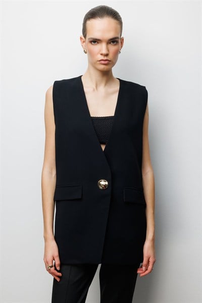 On Süs Kapak Cepli V Yaka Yelek SIYAH