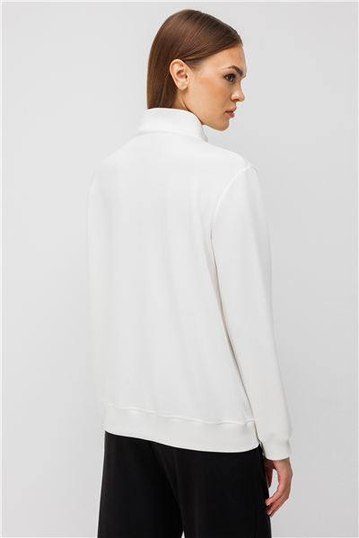 On Taş Baskılı Dik Yaka Sweatshirt Ekru