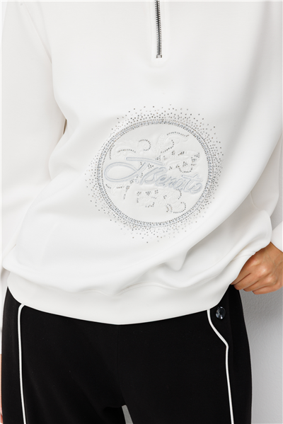 On Taş Baskılı Dik Yaka Sweatshirt Ekru