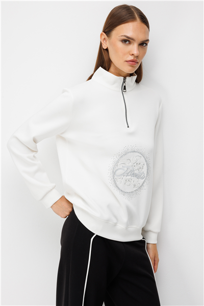 On Taş Baskılı Dik Yaka Sweatshirt Ekru