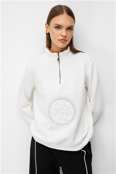 On Taş Baskılı Dik Yaka Sweatshirt Ekru