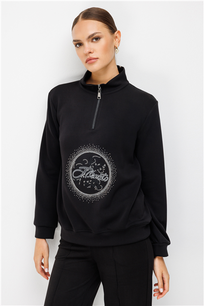 On Taş Baskılı Dik Yaka Sweatshirt Siyah