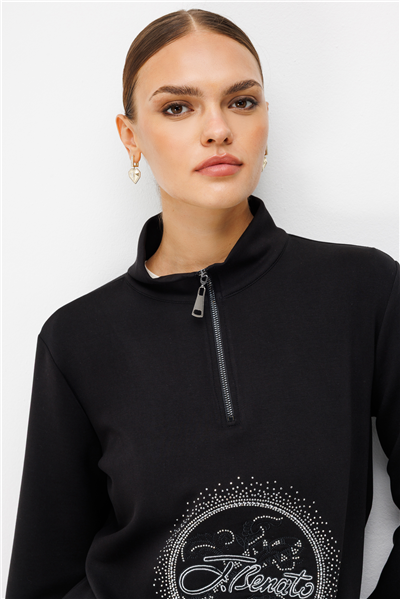 On Taş Baskılı Dik Yaka Sweatshirt Siyah
