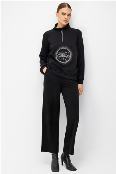 On Taş Baskılı Dik Yaka Sweatshirt Siyah