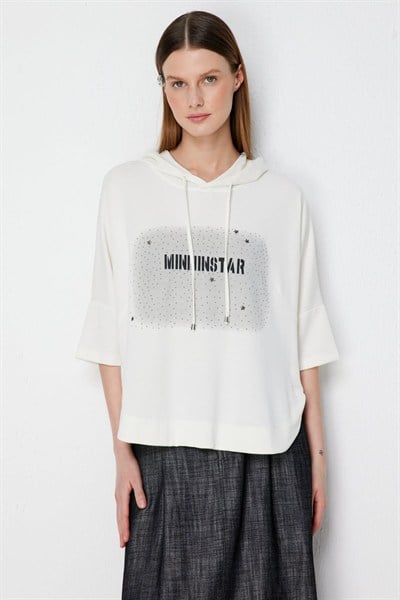On Taş Detaylı Baskılı Sweat EKRU