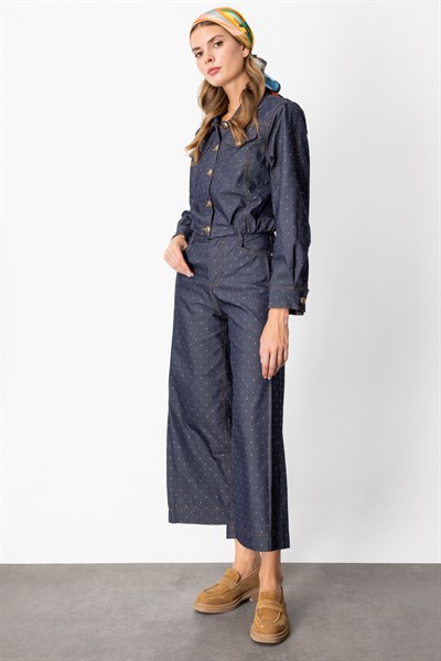 On Taş Detaylı Crop Ceket INDIGO