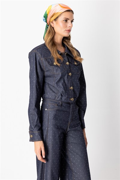 On Taş Detaylı Crop Ceket INDIGO