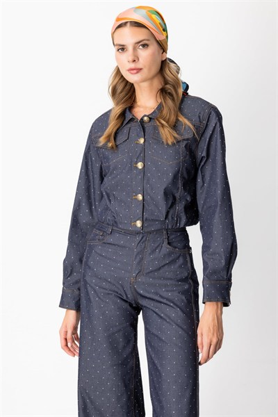 On Taş Detaylı Crop Ceket INDIGO