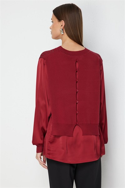 On Taş İşlemeli Mix Kumaşlı Bluz BORDO