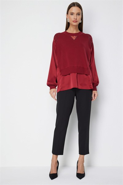 On Taş İşlemeli Mix Kumaşlı Bluz BORDO