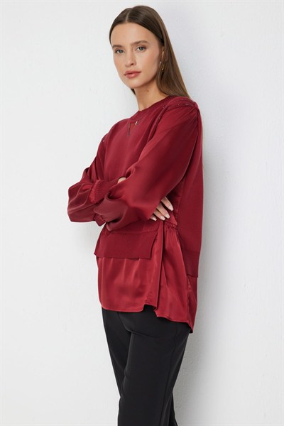 On Taş İşlemeli Mix Kumaşlı Bluz BORDO