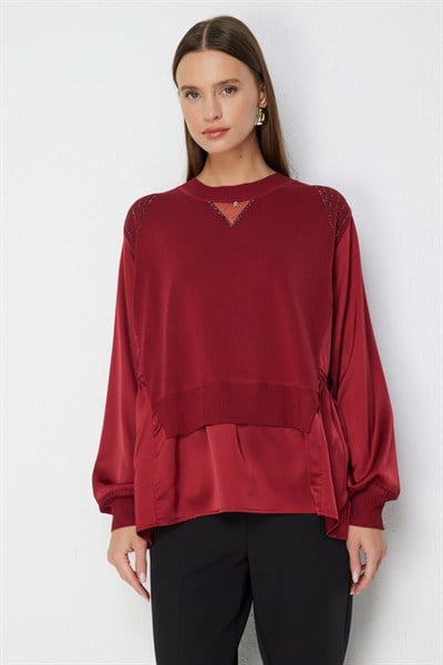 On Taş İşlemeli Mix Kumaşlı Bluz BORDO