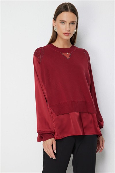 On Taş İşlemeli Mix Kumaşlı Bluz BORDO