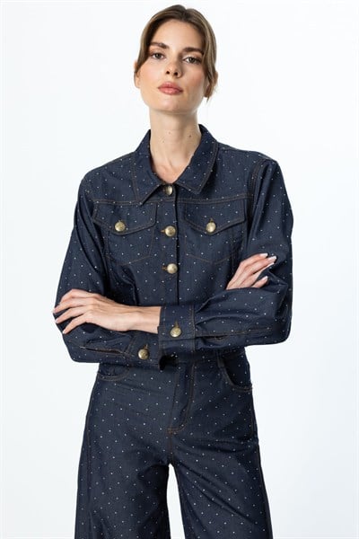 On Taşlı Crop Denim Ceket INDIGO
