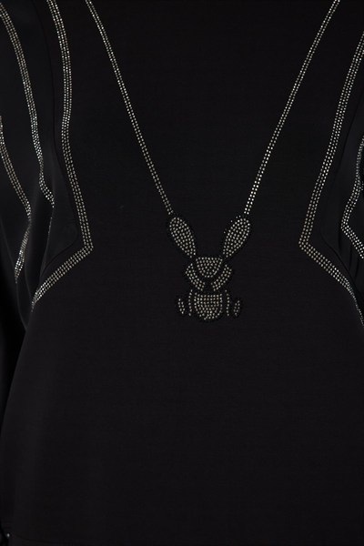 On Tavşan Desenli Mix Kumaş Sweat SIYAH