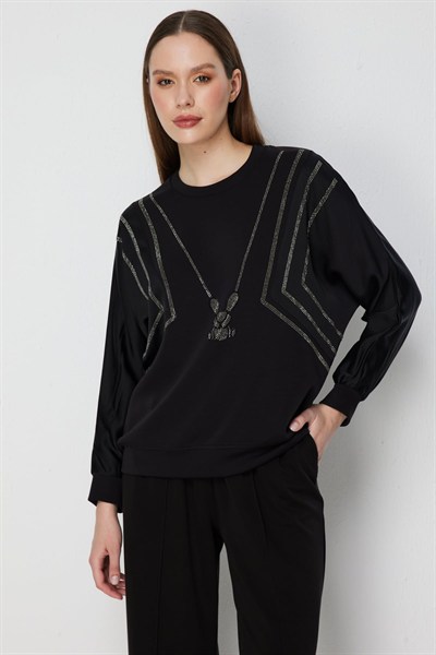 On Tavşan Desenli Mix Kumaş Sweat SIYAH