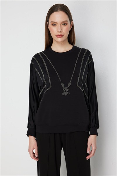 On Tavşan Desenli Mix Kumaş Sweat SIYAH