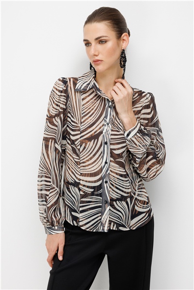 On Transparan Detaylı Desenli Gömlek Kahve