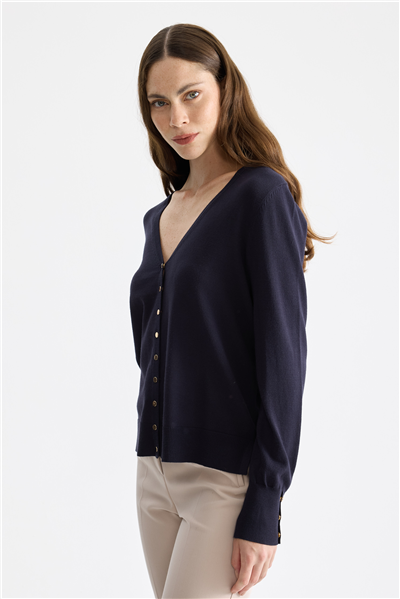 On V Yaka Çıtçıtlı Triko Hırka Lacivert
