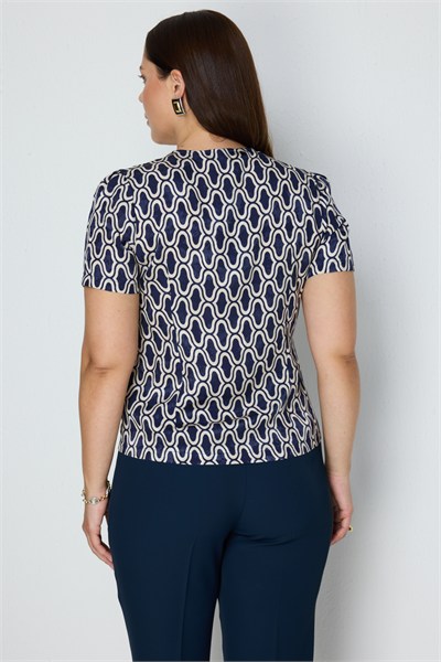On V Yaka Desenli Bluz INDIGO