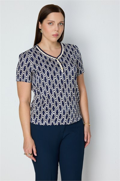 On V Yaka Desenli Bluz INDIGO