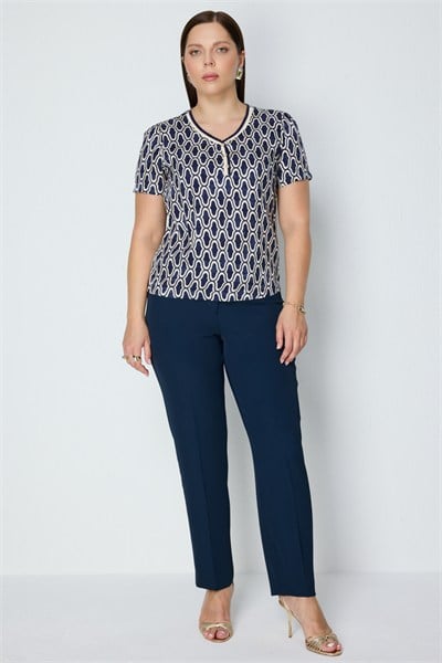 On V Yaka Desenli Bluz INDIGO