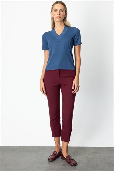 On V Yaka Dikişli Basic Tişört INDIGO