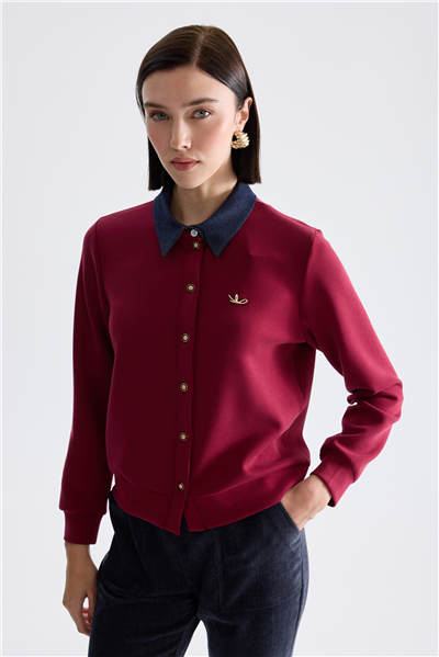 On Yakası Denim Aksesuar Detaylı Hırka Bordo