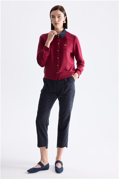 On Yakası Denim Aksesuar Detaylı Hırka Bordo