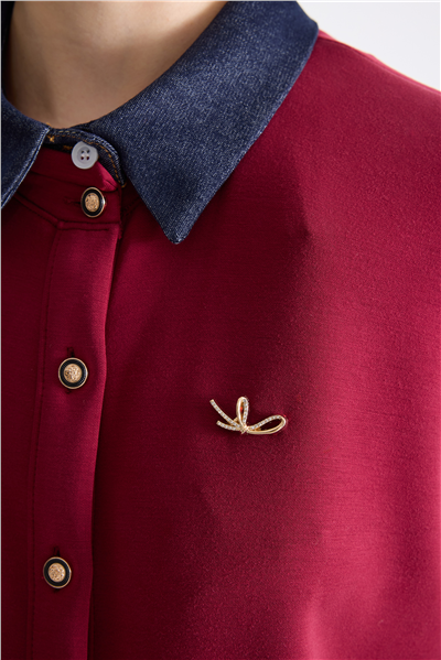 On Yakası Denim Aksesuar Detaylı Hırka Bordo