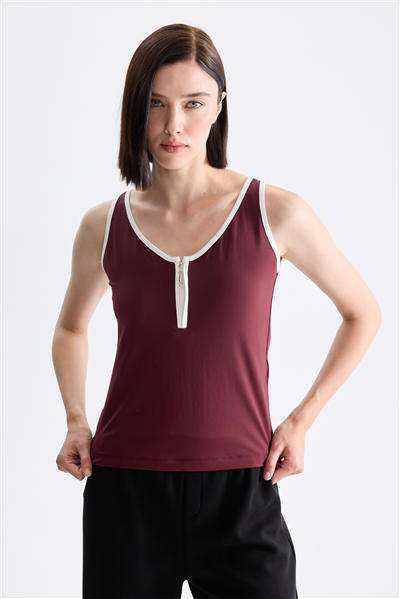 On Yakası Fermuarlı Askılı Basic Bluz Bordo