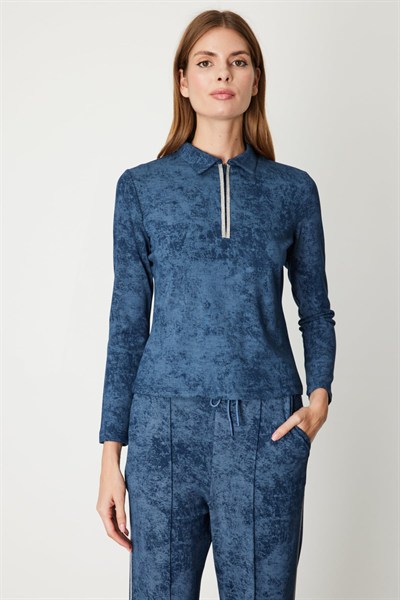 On Yakası Fermuarlı Batik Desenli Bluz INDIGO