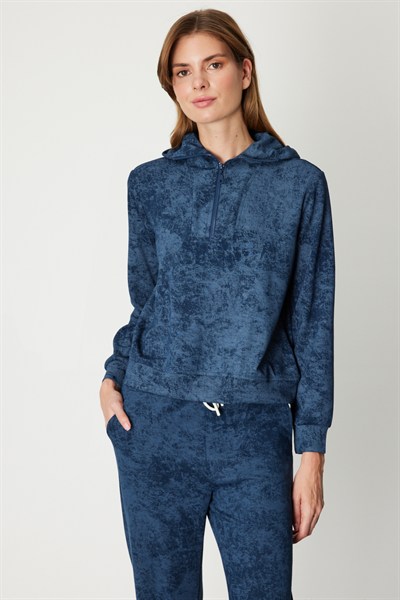 On Yakası Fermuarlı Batik Desenli Eşofman Üstü INDIGO